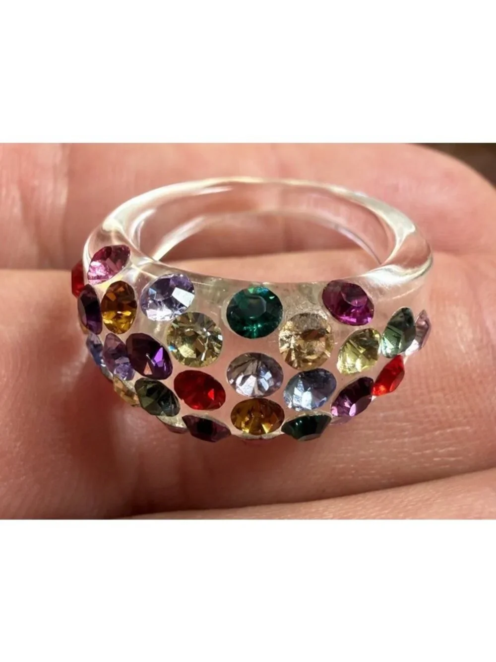 Clear Lucite Acrylic Chunky Dome Ring Multicolor Rhinestone Crystal Statement